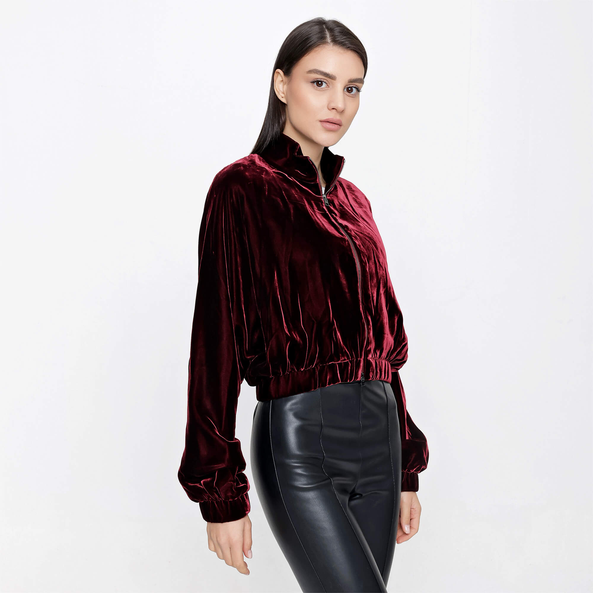 Tom Ford - Burgundy Velvet Stand Up Collar Zip Up Sweatshirt